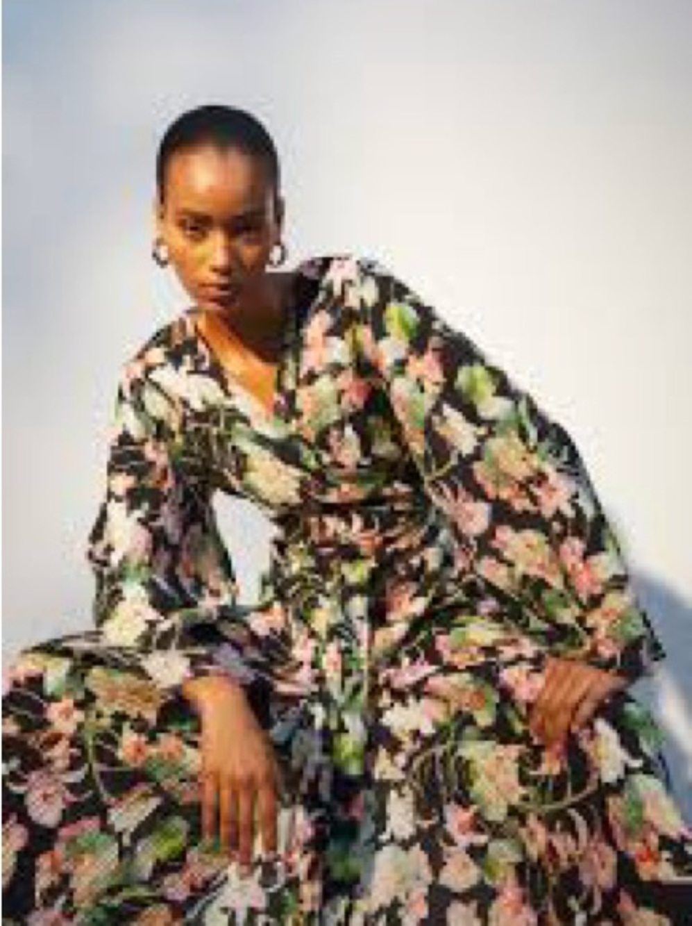 H&M Black Floral Wrap Maxi Dress with Pink and Green Accents